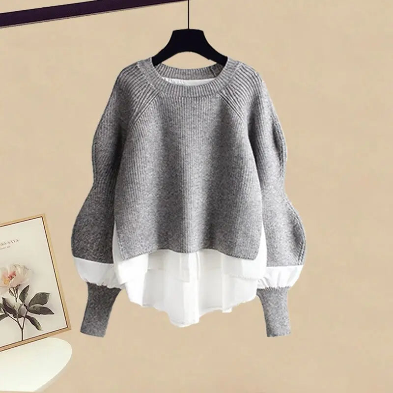 Women Spring Autumn Two Pieces Sets Korean Long Sleeve Pullover Knitted Sweater And Pleated skirt Long Suit
