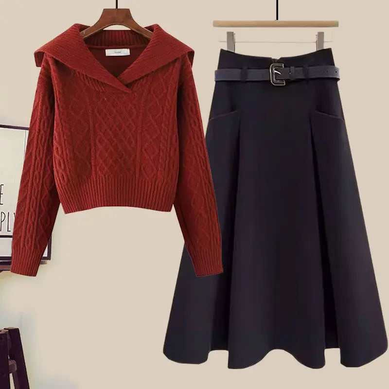 Big Size Women's Autumn Suit New Style Sweater Skirt Two-piece Set Regular Fit Vestidos De Dos Piezas Mujer Elegantes