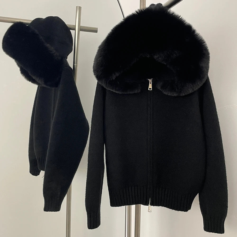 OFTBUY Hooded Oversized Cardigan Women 2025 Autumn Faux Fur Sweater Female Solid Fake Fur Knitting Coat Fashion Loose Knitwear