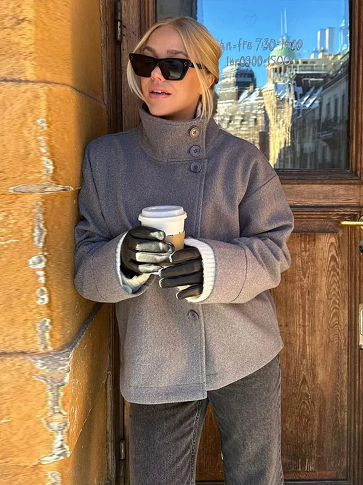 Stand Collar Single Breasted Woolen Overcoat Women Elegant Long Sleeve Solid Loose Fitting Coat New Autumn Winter Lady Outerwear