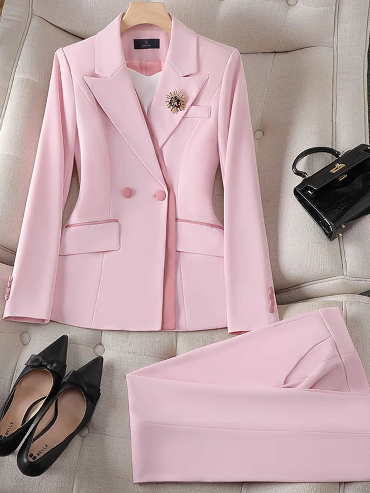 S-4XL PinK White Women Blazer and Pant Suit Office Ladies Business Work Wear 2 Piece Set Female Long Sleeve Jacket And Trouser