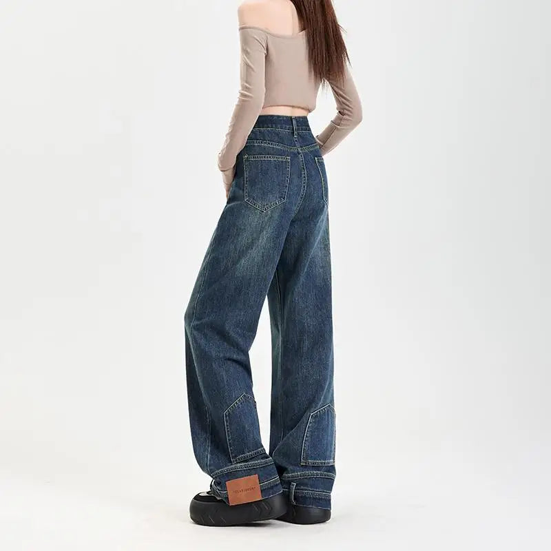 FINEWORDS Vintage Unique Design High Waist Wide Leg Jeans Streetwear Loose Jeans Easymatch Korean Full Length Denim Pants