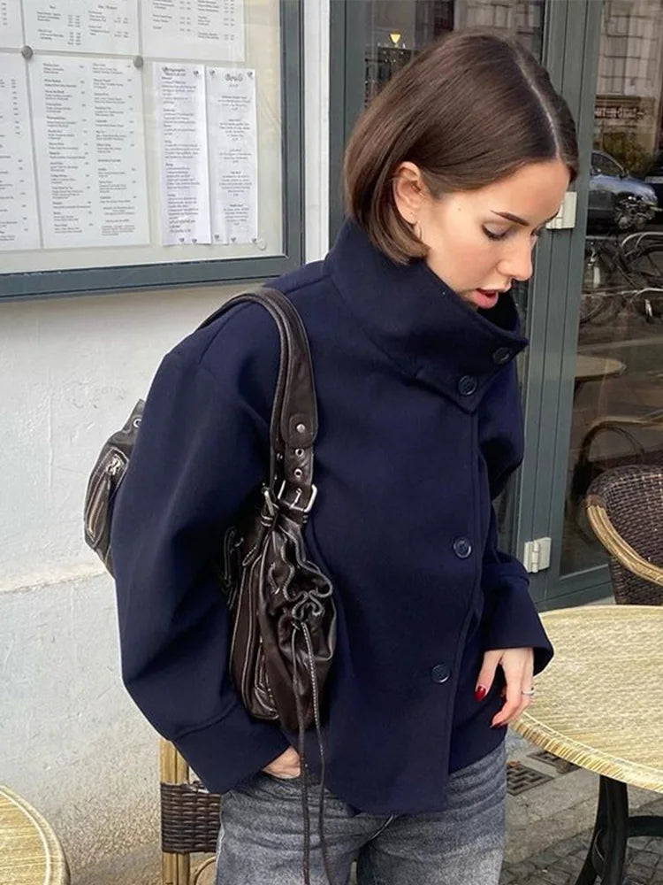 Stand Collar Single Breasted Woolen Overcoat Women Elegant Long Sleeve Solid Loose Fitting Coat New Autumn Winter Lady Outerwear
