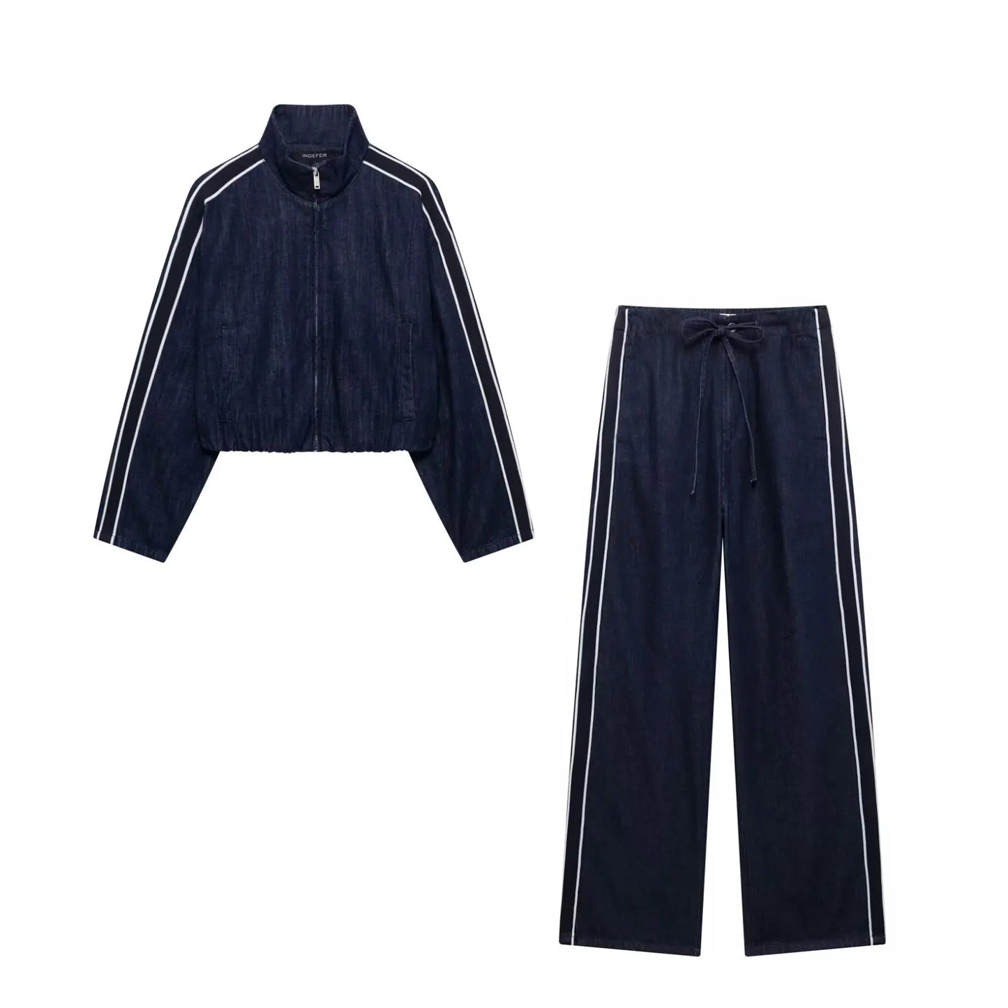 TRAFZA Women High Street Denim Set Side Stripe Stand Collar Zipper Jacket Lace-Up Pant 2025 Autumn Winter Casual Female Set