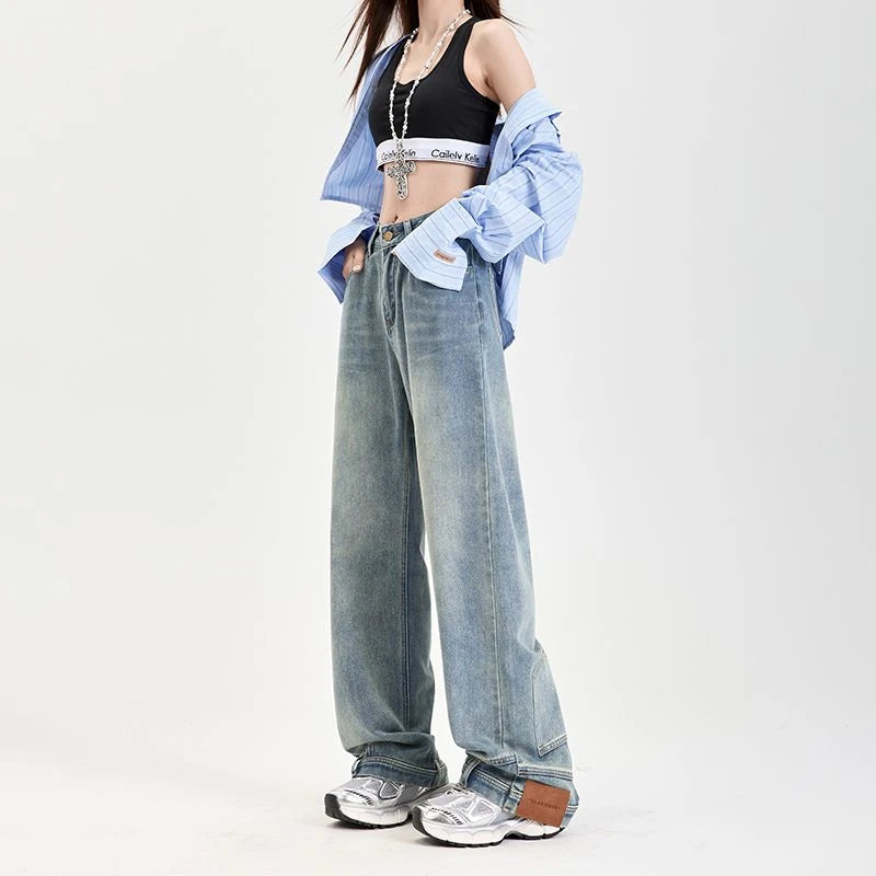 FINEWORDS Vintage Unique Design High Waist Wide Leg Jeans Streetwear Loose Jeans Easymatch Korean Full Length Denim Pants