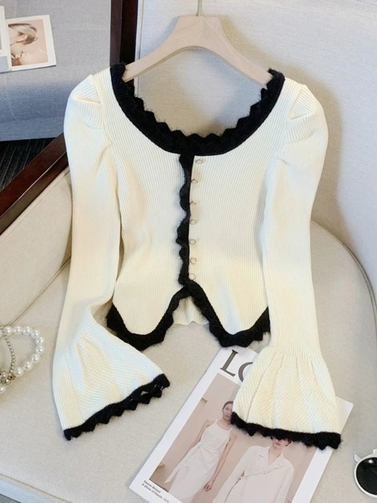 Y2K Temperament Women Cardigan Tops 2025 Ropa Mujer Pull Femme Knitted Tunic Sweater Coat Ruffles Chic Sweet Sueter