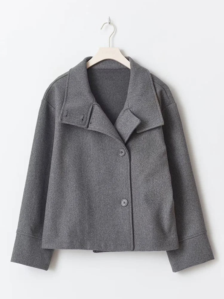 Stand Collar Single Breasted Woolen Overcoat Women Elegant Long Sleeve Solid Loose Fitting Coat New Autumn Winter Lady Outerwear