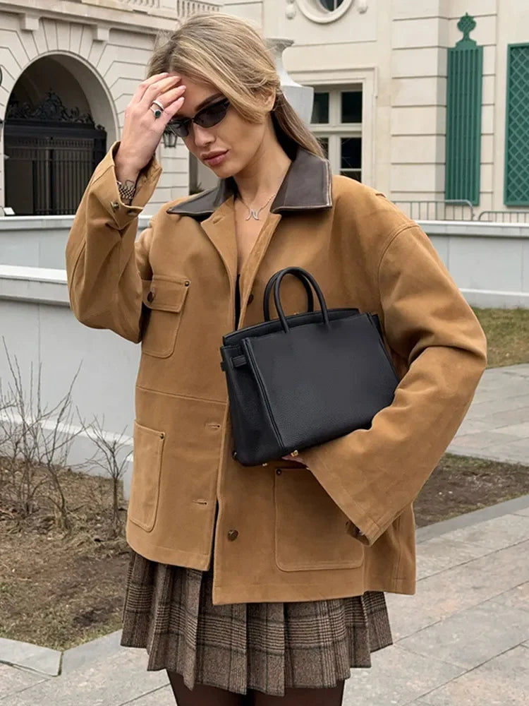 Single Breasted Pocket Khaki Suede Coats Women Fashion Full Sleeve Lapel Loose Jacket 2025 Lady New Daily Commuting Outerwears