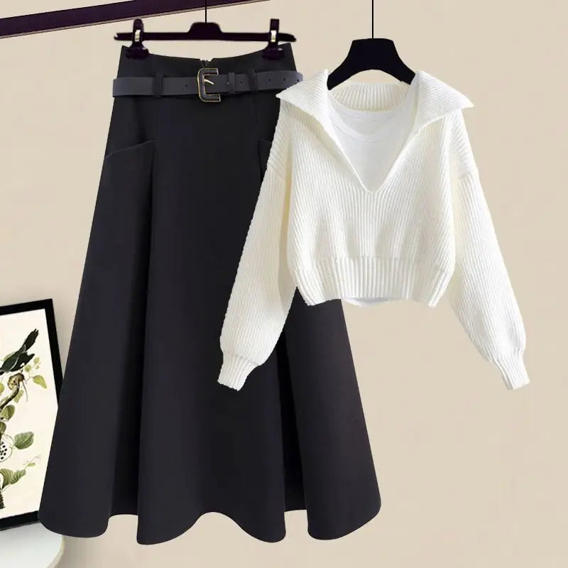 Oversized Women's Autumn Set New Fashion Slim and Versatile Strap Sweater Half Skirt Three Piece Set Fashion