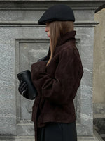 Stand Collar Suede Sashes Jackets Women Vintage Long Sleeves Button Lace Up Slim Coats New Fashion Early Autumn Ladies Outerwear