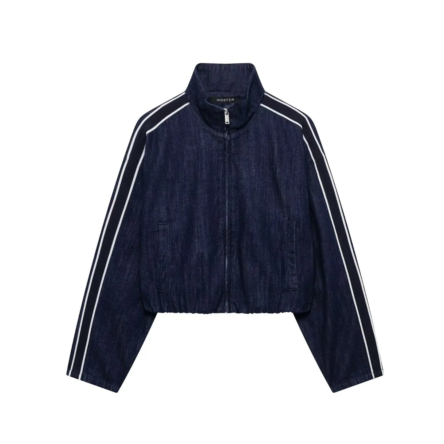 TRAFZA Women High Street Denim Set Side Stripe Stand Collar Zipper Jacket Lace-Up Pant 2025 Autumn Winter Casual Female Set