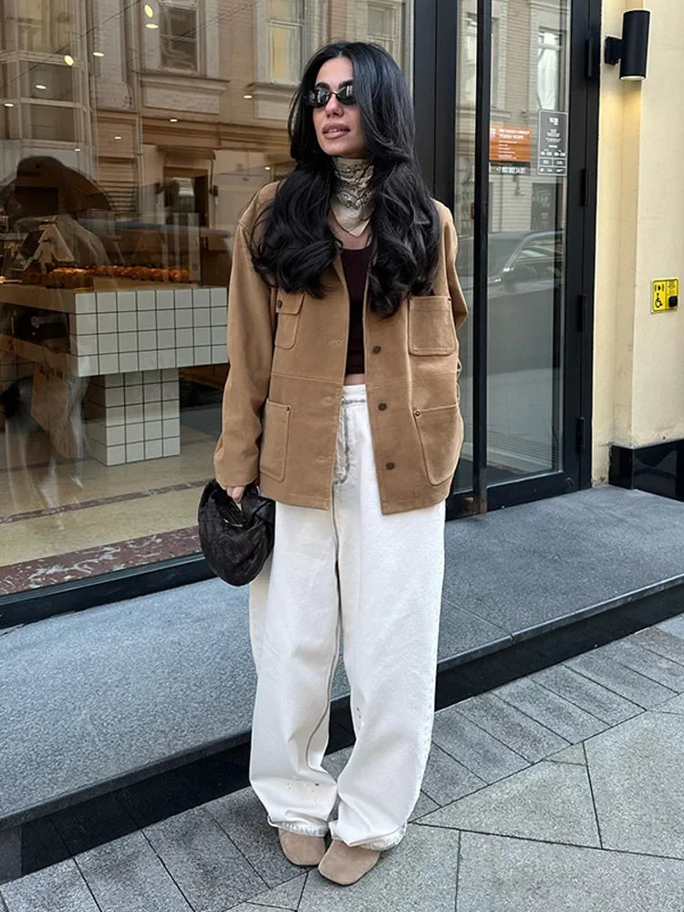 Single Breasted Pocket Khaki Suede Coats Women Fashion Full Sleeve Lapel Loose Jacket 2025 Lady New Daily Commuting Outerwears