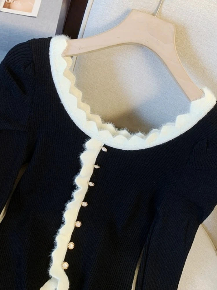 Y2K Temperament Women Cardigan Tops 2025 Ropa Mujer Pull Femme Knitted Tunic Sweater Coat Ruffles Chic Sweet Sueter