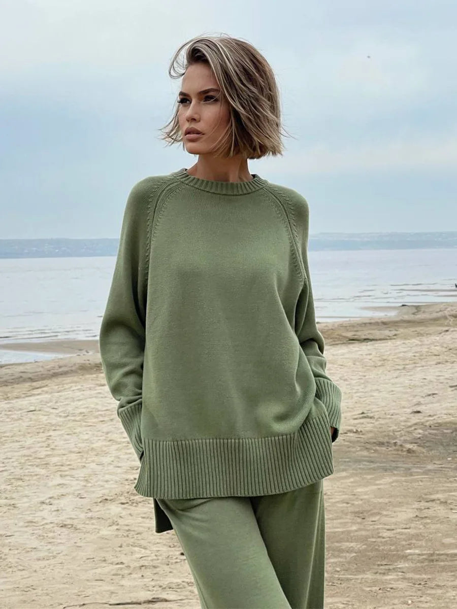 Two Piece Set Women Knitted Tracksuits Elagant Turtleneck Long Sleeve Pullovers Top+High Waist Casual Pants Outfits 2025 Winter