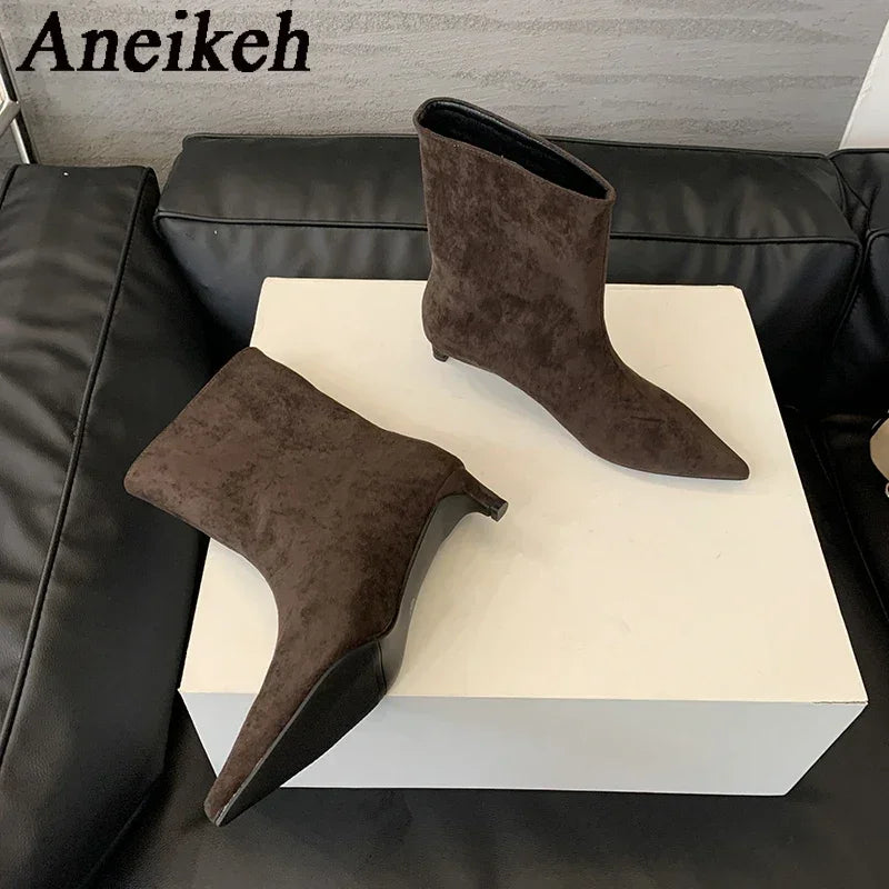 Aneikeh Sexy Women Pointed Toe Vintage Ankle Boots Thin Low Heel Warm Knight Boots Fashion Slip on Party Wedding Shoes Woman