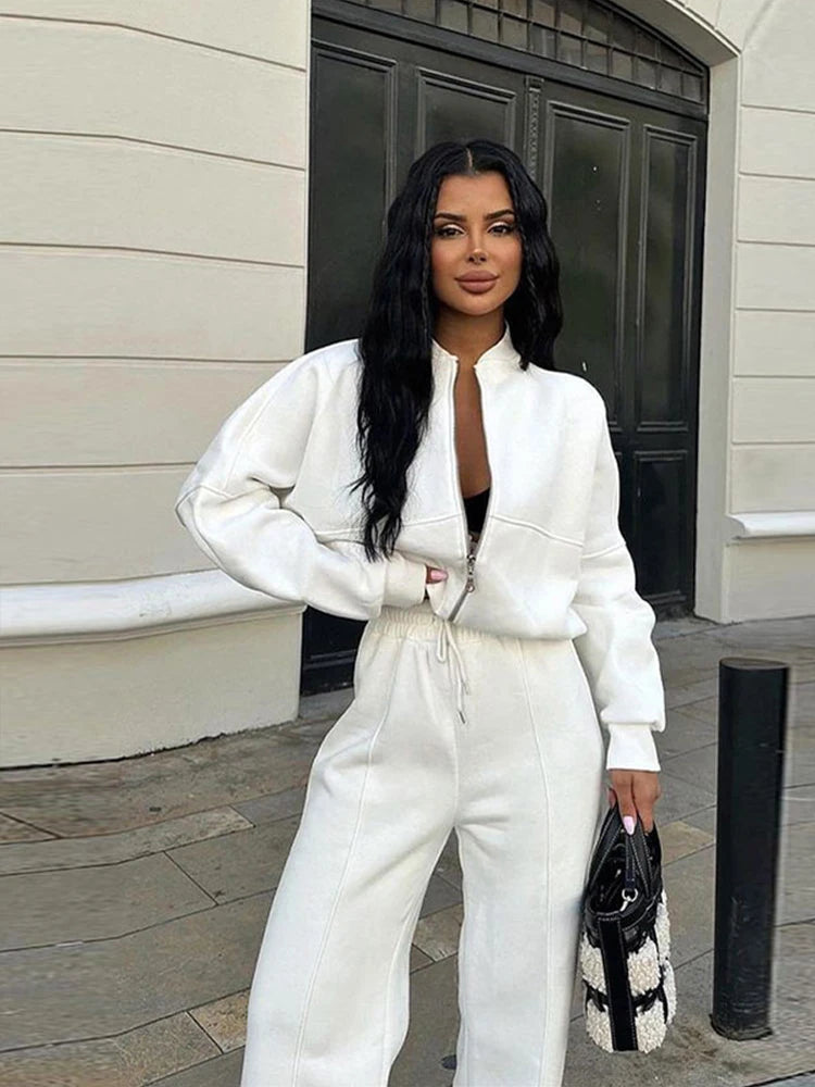 Tracksuit Suits Women's Sportswear 2-piece Retro Zipper Bomber Jacket Sweatshirt High-waisted Women's Loose Velvet Pants Suit