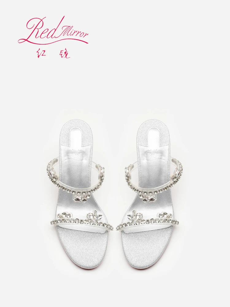 Transparent flat strap sandals for women's summer wear, 2025 new silver rhinestone fairy style queen girl slim heel sandals