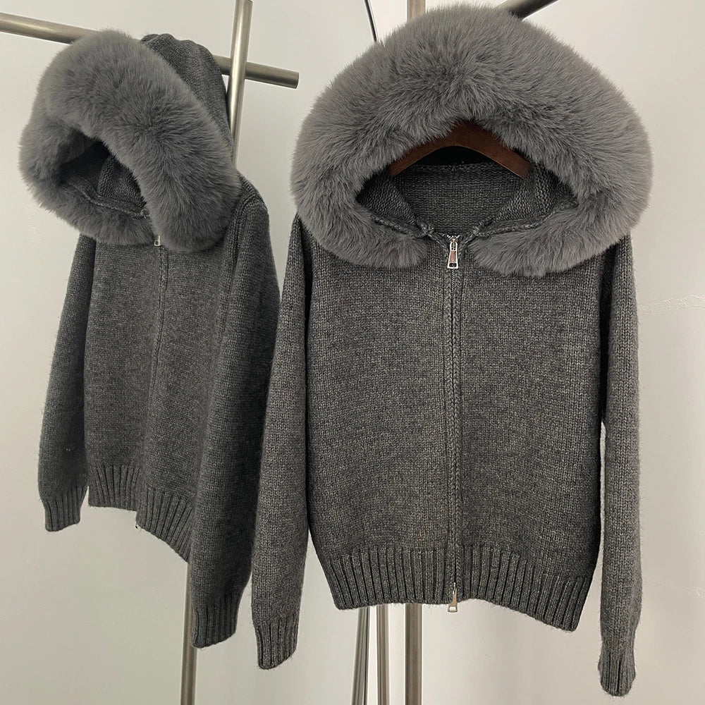 OFTBUY Hooded Oversized Cardigan Women 2025 Autumn Faux Fur Sweater Female Solid Fake Fur Knitting Coat Fashion Loose Knitwear
