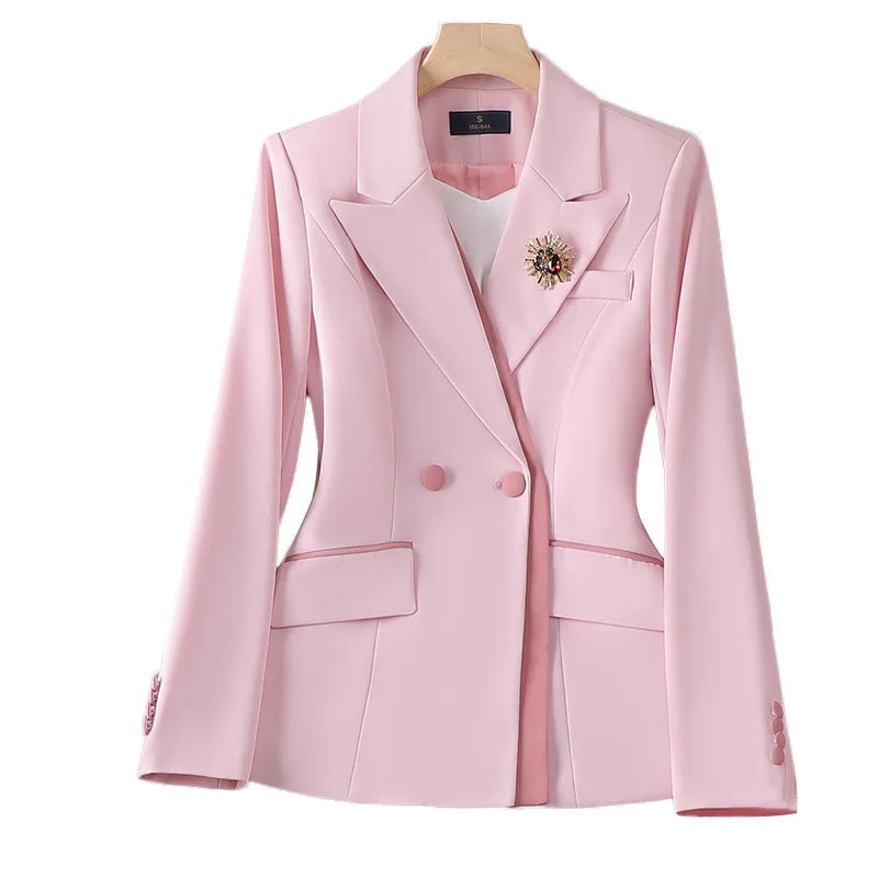 S-4XL PinK White Women Blazer and Pant Suit Office Ladies Business Work Wear 2 Piece Set Female Long Sleeve Jacket And Trouser