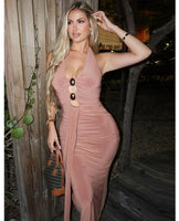 Sexy Deep V-neck Backless Halter Maxi Dresses Women's Sleeveless High Waist Bodycon Pleated Robe 2025 New Evening Party Gown