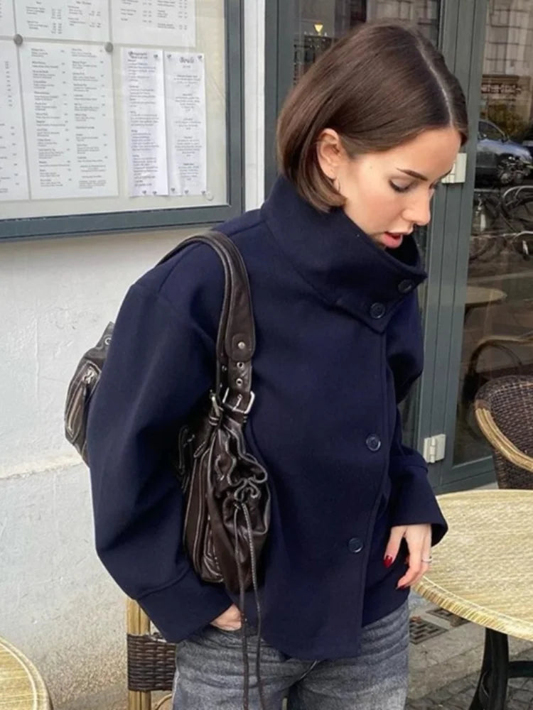Stand Collar Single Breasted Woolen Overcoat Women Elegant Long Sleeve Solid Loose Fitting Coat New Autumn Winter Lady Outerwear