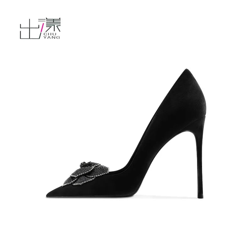 Emerging black high-heeled women's shoes versatile matte leather camellia elegant suede pointed head shallow mouth