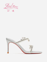 Transparent flat strap sandals for women's summer wear, 2025 new silver rhinestone fairy style queen girl slim heel sandals