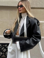 Black Cropped Leather Jacket Women Fashion Lapel Long Sleeve Loose Short Coat 2025 Autumn Lady Chic Solid High Street Outwear