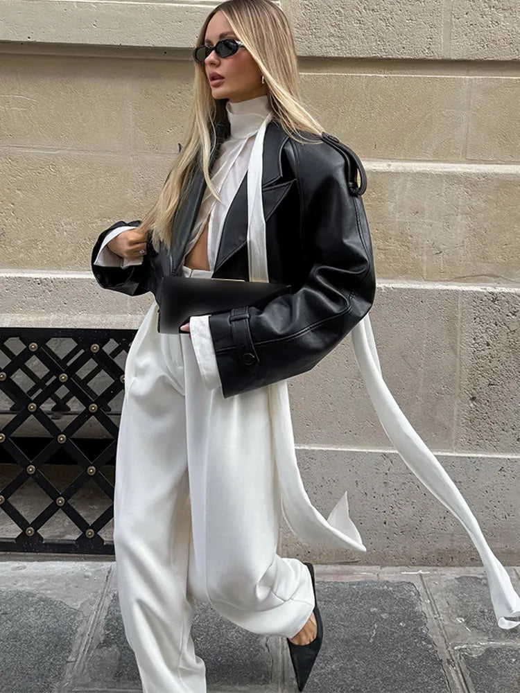 Black Cropped Leather Jacket Women Fashion Lapel Long Sleeve Loose Short Coat 2025 Autumn Lady Chic Solid High Street Outwear