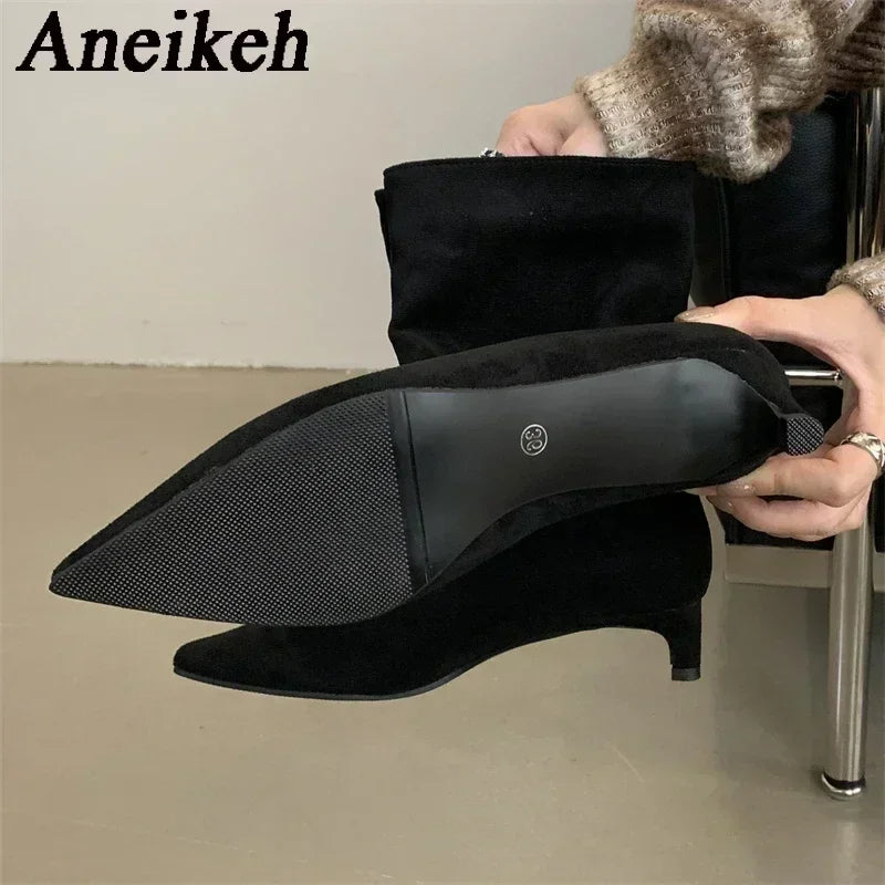 Aneikeh Sexy Women Pointed Toe Vintage Ankle Boots Thin Low Heel Warm Knight Boots Fashion Slip on Party Wedding Shoes Woman