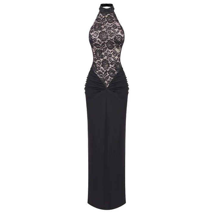 High Quality Summer Europe O-Neck Sexy Maxi Dresses for Women Sleeveless Hollow Out Backless Lace Dress