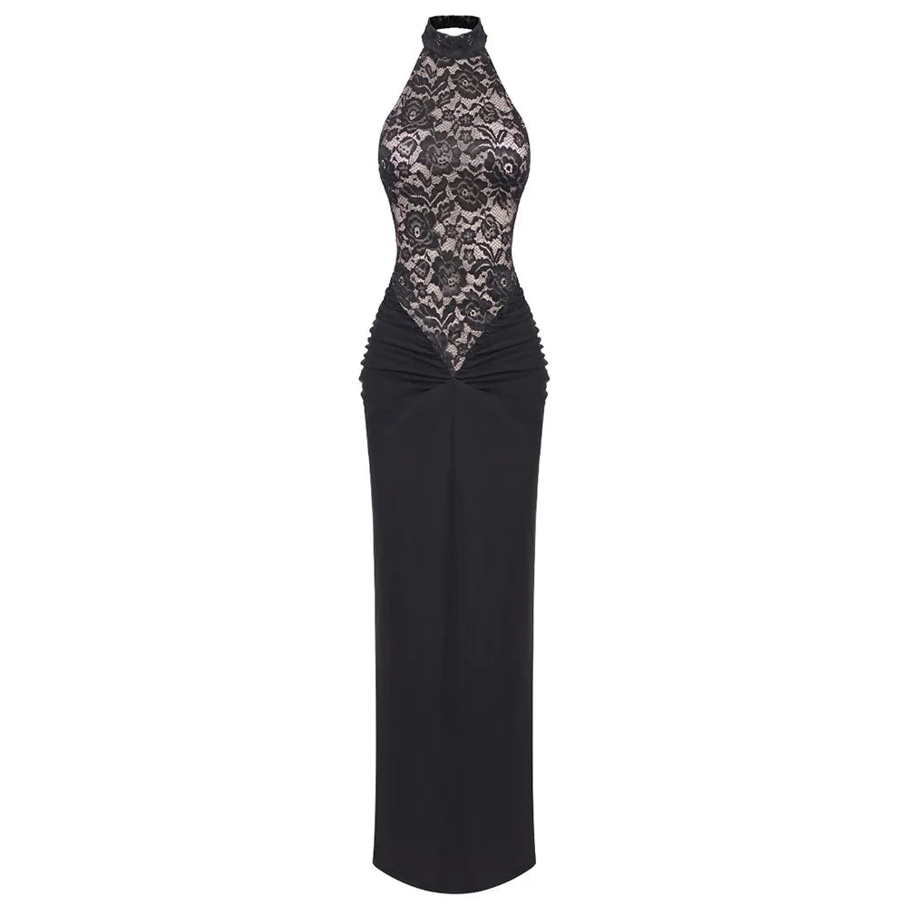 High Quality Summer Europe O-Neck Sexy Maxi Dresses for Women Sleeveless Hollow Out Backless Lace Dress