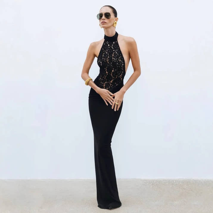 High Quality Summer Europe O-Neck Sexy Maxi Dresses for Women Sleeveless Hollow Out Backless Lace Dress