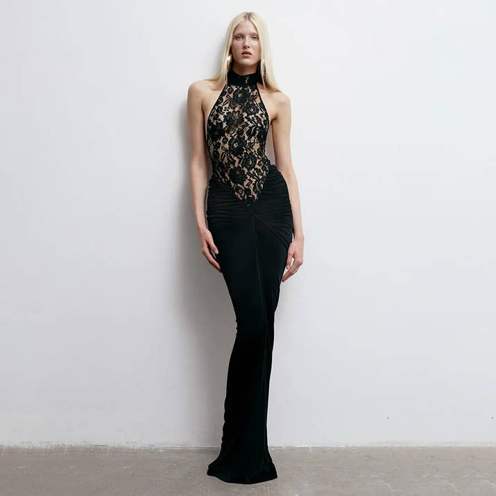 High Quality Summer Europe O-Neck Sexy Maxi Dresses for Women Sleeveless Hollow Out Backless Lace Dress