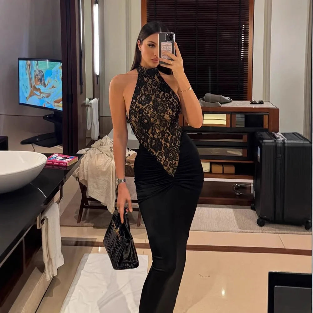 High Quality Summer Europe O-Neck Sexy Maxi Dresses for Women Sleeveless Hollow Out Backless Lace Dress