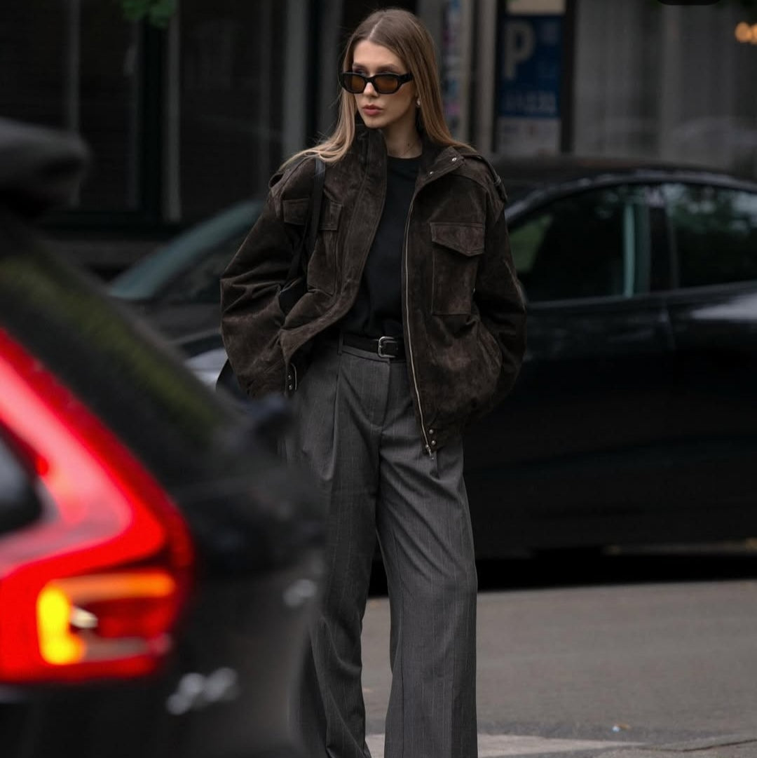 Street Fashion Women's Suede Jacket Loose Khaki Lapel Zipper Long Sleeve Bomber Coat 2025 Autumn Winter New Lady Outwears