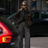 Street Fashion Women's Suede Jacket Loose Khaki Lapel Zipper Long Sleeve Bomber Coat 2025 Autumn Winter New Lady Outwears