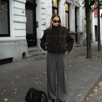 Street Fashion Women's Suede Jacket Loose Khaki Lapel Zipper Long Sleeve Bomber Coat 2025 Autumn Winter New Lady Outwears