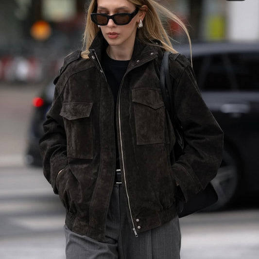 Street Fashion Women's Suede Jacket Loose Khaki Lapel Zipper Long Sleeve Bomber Coat 2025 Autumn Winter New Lady Outwears