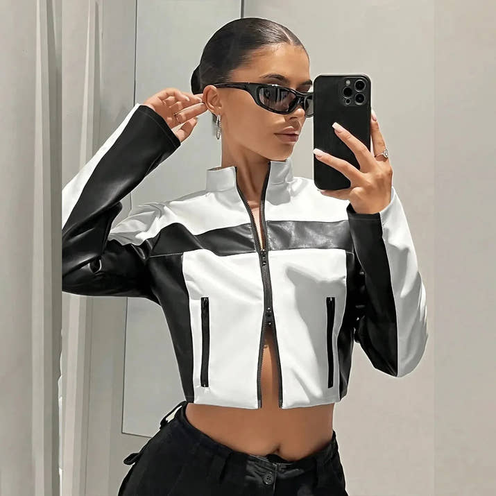 Women's Black White PU Paneled Cropped Jackets Punk Grunge Zipper Slim Y2K Clothes 2025 Fall Moto Biker Casual Y2K Coat