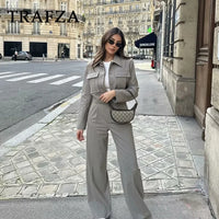 TRAFZA 2025 Fall Winter Women Clothes Green Fashion Streetwear Going Out Outfits Turn-down Collar Jackets Straight Basic Pants