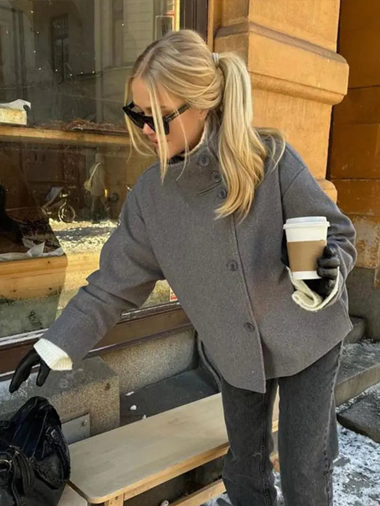 Stand Collar Single Breasted Woolen Overcoat Women Elegant Long Sleeve Solid Loose Fitting Coat New Autumn Winter Lady Outerwear
