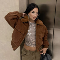 Women Fur Lapel Collar Warm Casual Jackets Vintage Long Sleeve Zipper Pockets Crop Coat 2025 Fall Winter Y2K Clothes