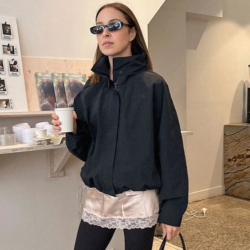 Linad Street Chic White Turtleneck Zipper Jackets Autumn Elegant Long Sleeve Coats For Woman Casual Outerwear Tops Female 2025