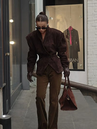 Retro Solid Leather Lapel Jackets Women's Fashion Shoulder Pad Full Sleeve One Button Pocket Coat Autumn New High Street Outwear