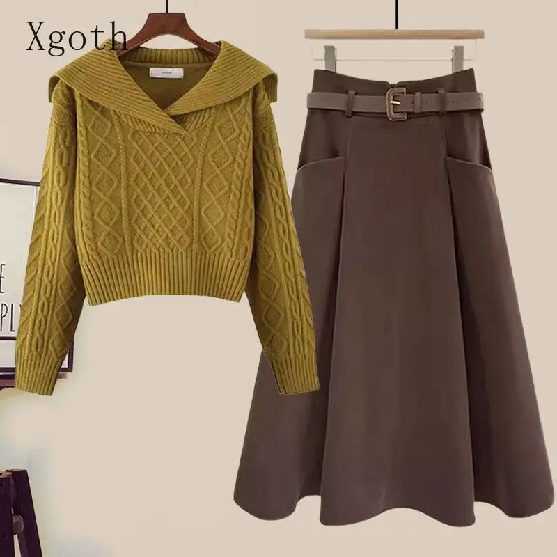 Big Size Women's Autumn Suit New Style Sweater Skirt Two-piece Set Regular Fit Vestidos De Dos Piezas Mujer Elegantes