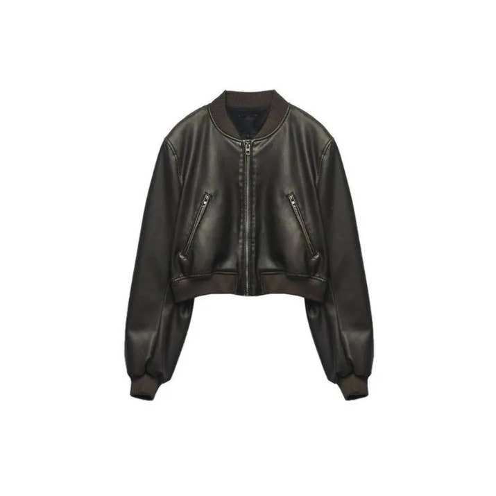 ZBZA Women's PU Leather Jacket Coat Solid Long Sleeves Crew Neck Zipper Pocket Bomber Short Outerwear Fall Winter New Female Top