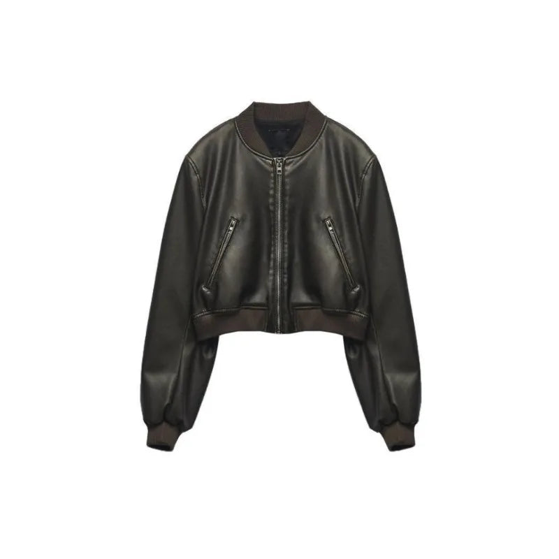 ZBZA Women's PU Leather Jacket Coat Solid Long Sleeves Crew Neck Zipper Pocket Bomber Short Outerwear Fall Winter New Female Top
