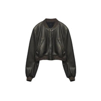 ZBZA Women's PU Leather Jacket Coat Solid Long Sleeves Crew Neck Zipper Pocket Bomber Short Outerwear Fall Winter New Female Top