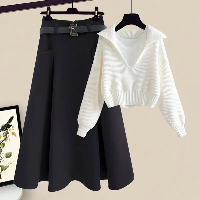 Oversized Women's Autumn Set New Fashion Slim and Versatile Strap Sweater Half Skirt Three Piece Set Fashion